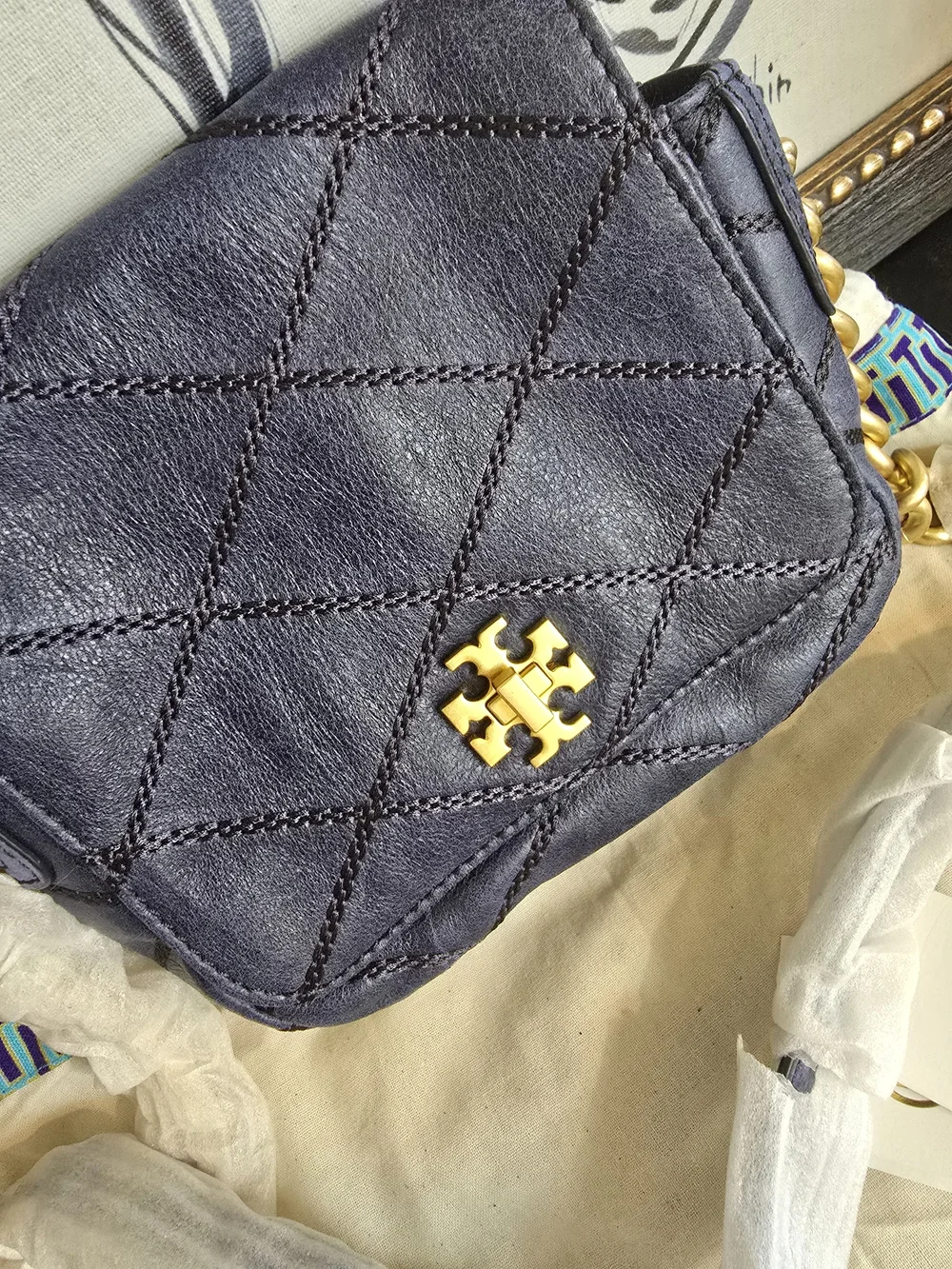 Tory Burch Navy Quilted Lysa Mini Crossbody Bag Gold Chain Strap Turn Lock NWT